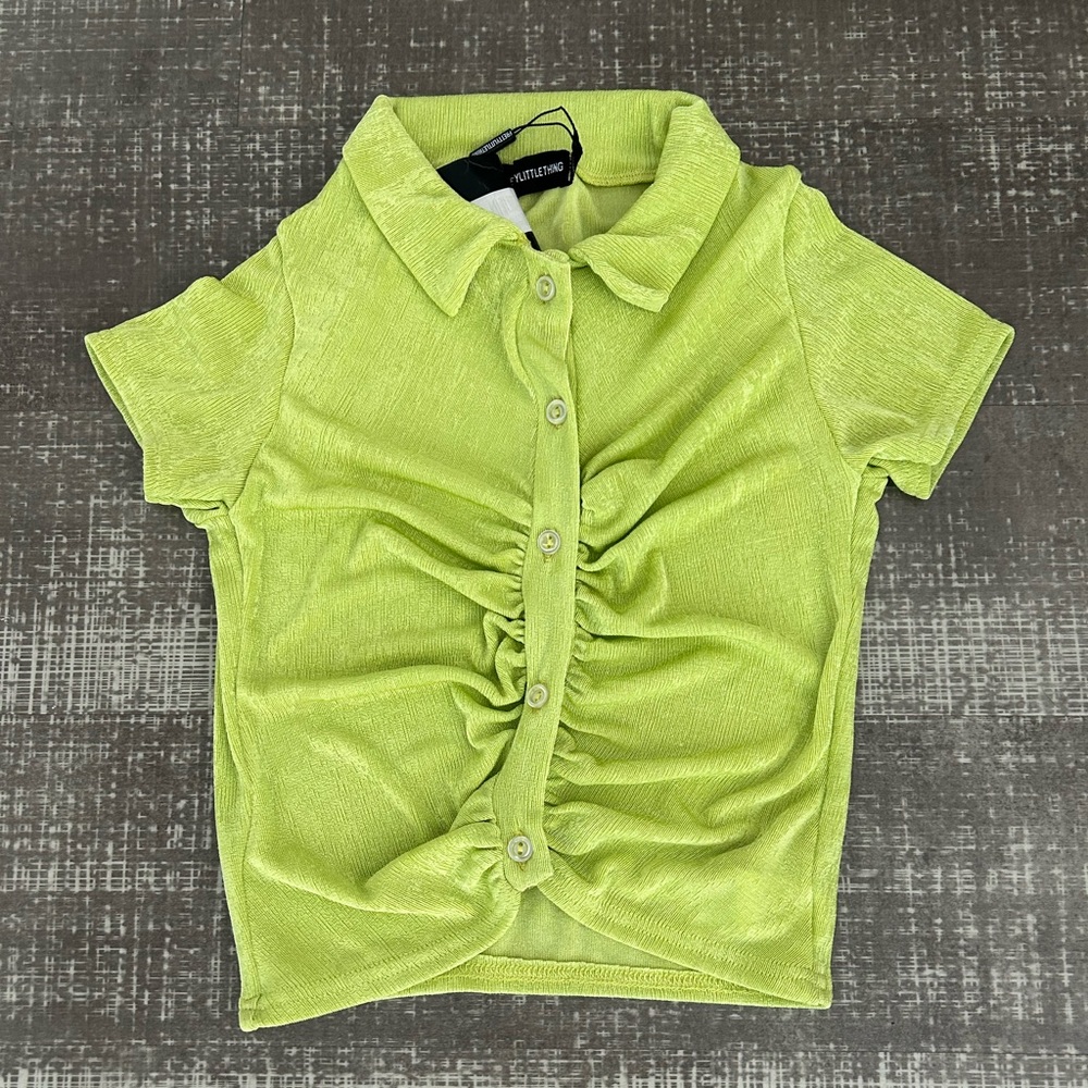 BRAND NEW! Lime Acetate Slinky Ruched Front Short Sleeve Shirt